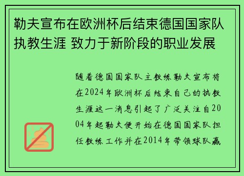 勒夫宣布在欧洲杯后结束德国国家队执教生涯 致力于新阶段的职业发展